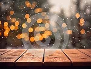 Wooden table with snow bokeh in the background