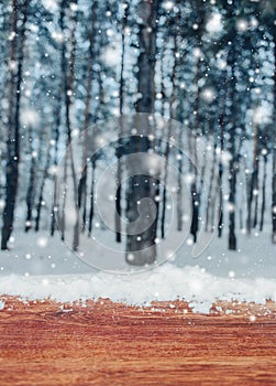 Wooden table with snow place and Christmas background with fir trees and blurred background of winter.