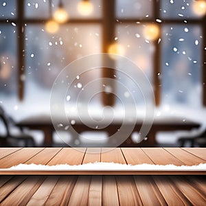 Wooden table with snow and winter background. Christmas and New Year concept