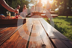 wooden table with a soft background of friends setting up a bbq picnic