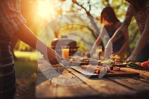 wooden table with a soft background of friends setting up a bbq picnic