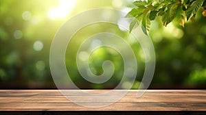 wooden table stage background and nature green blur bokeh