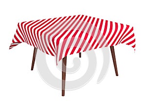 Wooden table with striped cloth, isolated on white