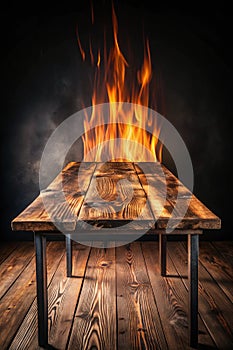 Wooden burnt table on black background photo
