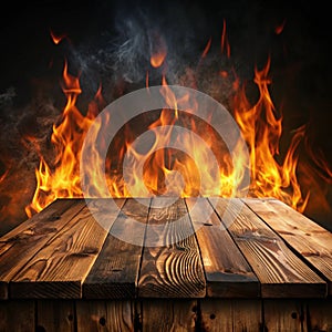 Wooden burnt table on black background photo