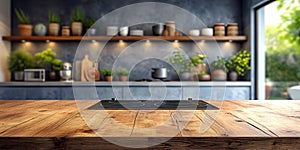 Wooden table surface with modern stove top on blurred background of modern kitchen