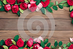 A wooden table surrounded by bouquets of roses for background.