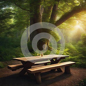 wooden table surrounded by trees in a forest