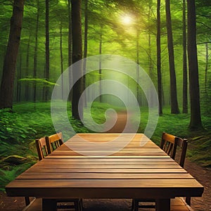 wooden table surrounded by trees in a peaceful forest