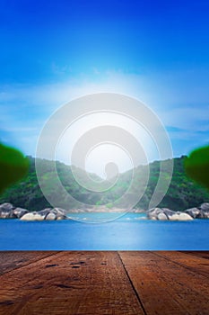 Wooden table top, Beauty seascape under blue clouds sky