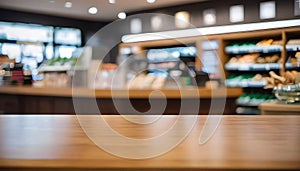 Wooden Table top with blur background of cashier counter at minimarket. Generative ai