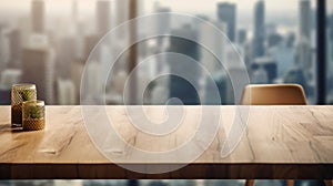 The wooden table top with blur background of modern office interior with cityscape in the morning. Generative AI AIG30.