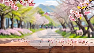 Wooden table top with blur background of Pink Cherry blossom flowers. Generative AI