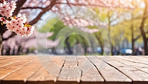 Wooden table top with blur background of Pink Cherry blossom flowers. Generative AI