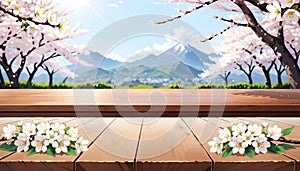 Wooden table top with blur background of white Cherry Blossom flowers trees and mountains. Generative ai