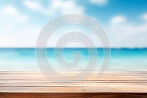 Wooden table top on blur beach background - can be used for display or montage your products