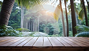 Wooden table top on blur green forest background with sun light. Generated AI