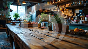 Wooden table top on blur kitchen room background,Modern contemporary green kitchen room interior