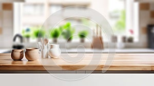 Wooden table top on blur kitchen room and window background. Generative AI