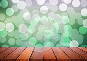 wooden table top on blur light and bokeh background for display, montage product or business