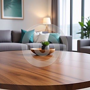 Wooden table top with blur of modern living room interior