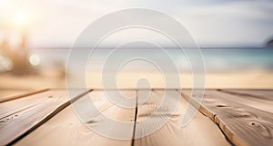 Wooden table top on blur tropical beach background.