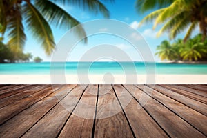 Wooden table top on blur tropical beach background - can be used for display or montage your products