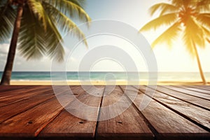Wooden table top on blur tropical beach background