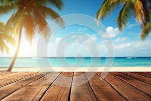 Wooden table top on blur tropical beach background