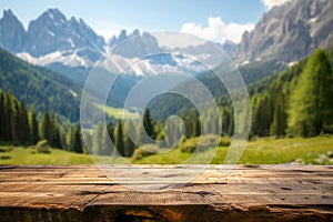 Wooden table top on blurred background of spring color landscape in dolomites - for display your products