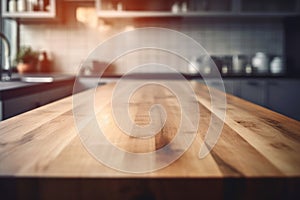 Wooden table top with blurred kitchen background