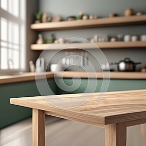 Wooden Table Top on Blurred Kitchen Background