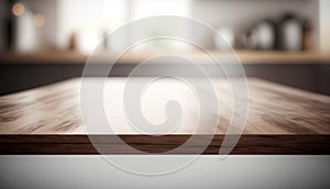 Wooden table top on blurred kitchen background. Mock up, 3D Rendering