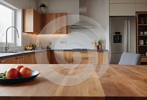 Wooden table top on blurred kitchen room in background. Advertising template for utensil and products. Copy space. For