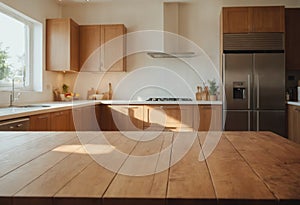 Wooden table top on blurred kitchen room in background. Advertising template for utensil and products. Copy space. For
