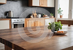 Wooden table top on blurred kitchen room in background. Advertising template for utensil and products. For montage