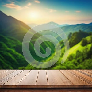 Wooden table top on blurred nature green forest hill mountain background can be used for display or montage your products