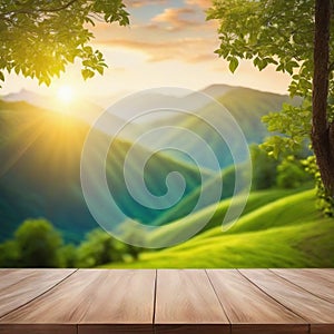 Wooden table top on blurred nature green forest hill mountain background can be used for display or montage your products