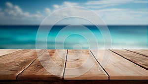 Wooden table top on blurred summer blue sea and sky background. Copy space for your display or montage product design