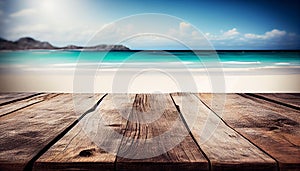 Wooden table top on blurred summer blue sea and sky background. Copy space for your display or montage product design