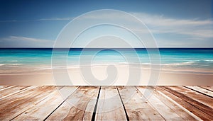 Wooden table top on blurred summer blue sea and sky background. Copy space for your display or montage product design