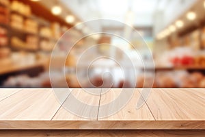 Wooden table top on blurred supermarket background