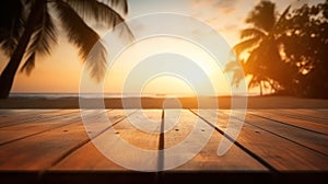 Wooden table top on blurred tropical beach background - can be used for display or montage your products. Generative AI