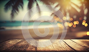 a wooden table top with blurry lights in the background of a beach and palm tree in the foreground, with a blurry boke of the