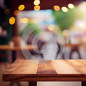 Wooden table top in cafe blurred bokeh background - AI generated image