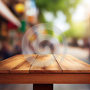 Wooden table top in cafe blurred bokeh background - AI generated image