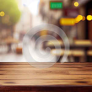 Wooden table top in cafe blurred bokeh background - AI generated image