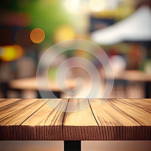 Wooden table top in cafe blurred bokeh background - AI generated image