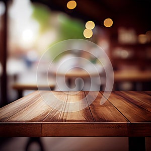 Wooden table top in cafe blurred bokeh background - AI generated image