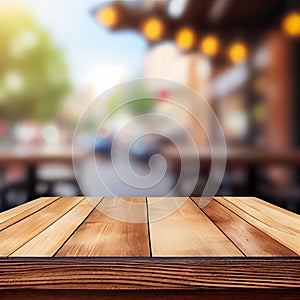 Wooden table top in cafe blurred bokeh background - AI generated image